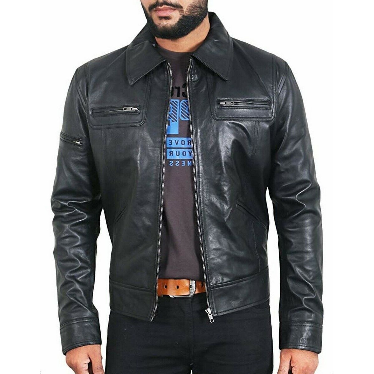 Mens Black Color Motorcycle Leather Jacket