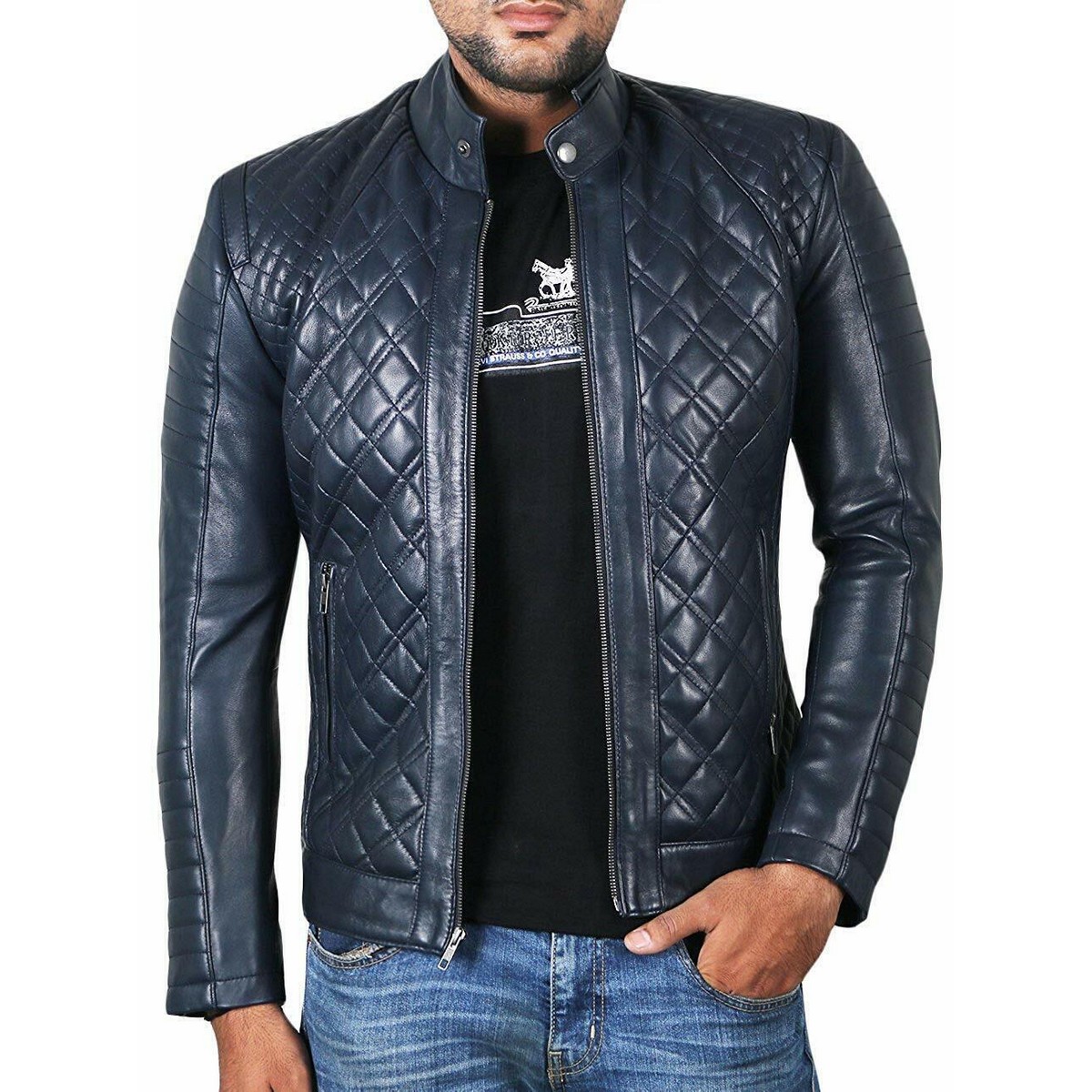 Men's Navy Blue Genuine Lambskin Motorcycle Leather Jacket