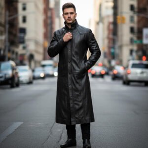 Men's Black Genuine Lambskin 100% Real Leather Trench Long Coat - Image 1