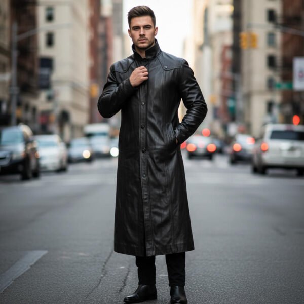 Black Leather Trench Long Coat for Men