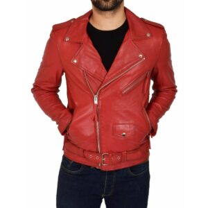 Men's Red Lambskin Genuine Leather Biker Motorcycle Cafe Racer Jacket - Image 5