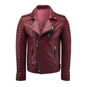 Authentic Luxury Men's Dark Red 100% Real Lambskin Leather Biker Jacket - Image 1