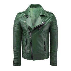 Authentic Luxury Men's Dark Green 100% Real Lambskin Leather Biker Jacket - Image 1