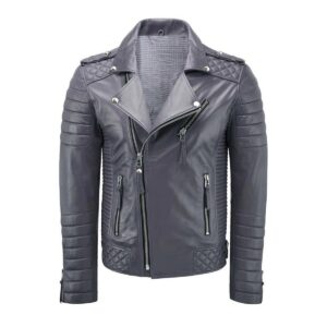 Authentic Luxury Men's Gray 100% Real Lambskin Leather Biker Jacket - Image 1