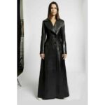 Black Leather Long Trench Coat for Women