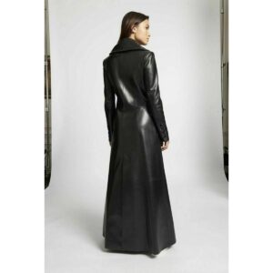 Womens Black Color Leather Long Trench Coat