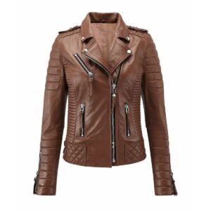 Tan Color Biker Leather Jacket For Women