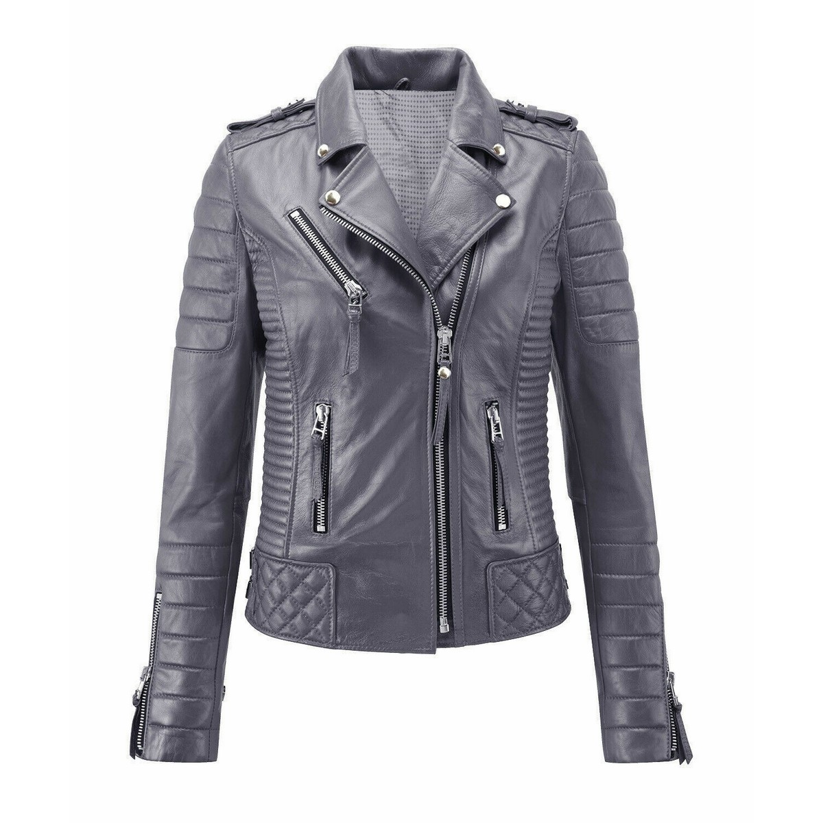 Womens Gray Color Biker Leather Jacket