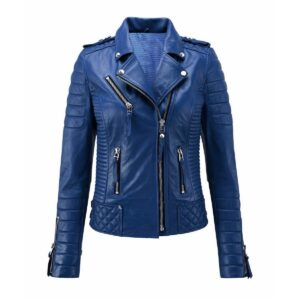 Blue Color Biker Leather Jacket For Women