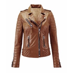 Womens Tan Color Biker Leather Jacket