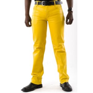 Authentic Luxury Men's Yellow Leather Pant Pure Soft Sheepskin 5 Pocket Stylish Casual Leather Pant - Image 1