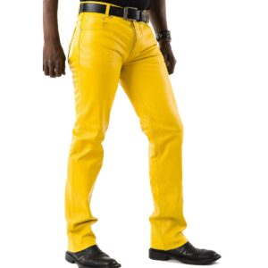 Authentic Luxury Men's Yellow Leather Pant Pure Soft Sheepskin 5 Pocket Stylish Casual Leather Pant - Image 2