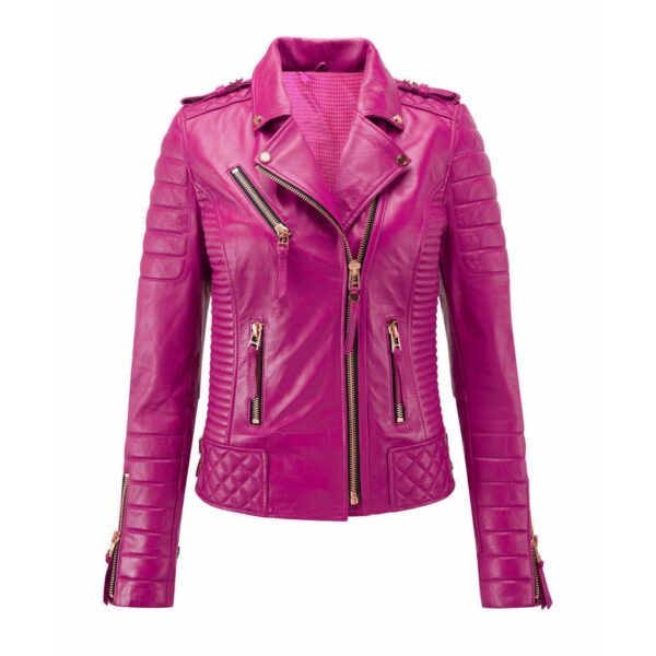 Womens Rani Pink Color Biker Leather Jacket