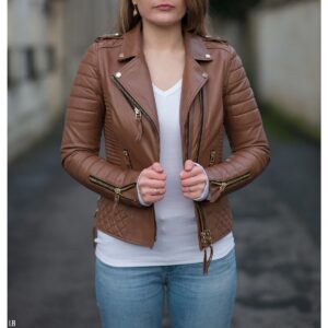 Womens Dark Tan Color Biker Golden Zipper Leather Jacket