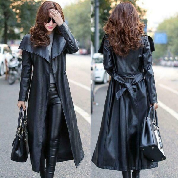 Black Leather Trench Coat for Women