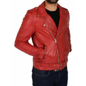 Men's Red Lambskin Genuine Leather Biker Motorcycle Cafe Racer Jacket - Image 4