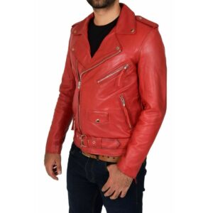 Men's Red Lambskin Genuine Leather Biker Motorcycle Cafe Racer Jacket - Image 3