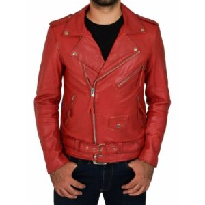 Men's Red Lambskin Genuine Leather Biker Motorcycle Cafe Racer Jacket - Image 2