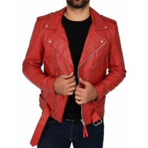 Men's Red Lambskin Genuine Leather Biker Motorcycle Cafe Racer Jacket - Image 1