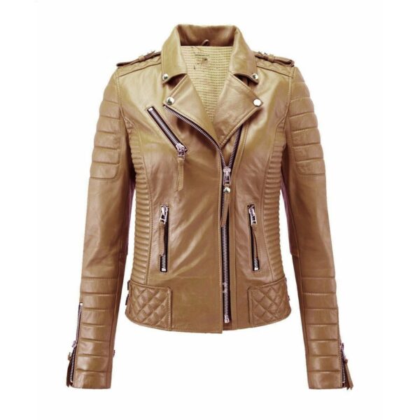 Womens Camel Beige Color Biker Leather Jacket