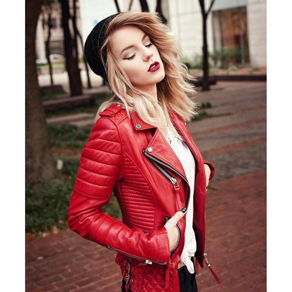 Womens Red Color Biker Leather Jacket