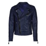 Dark Blue Colored Leather Biker Jacket for Men