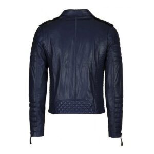 Men's Dark Blue Genuine Lambskin Leather Biker Jacket - Image 2