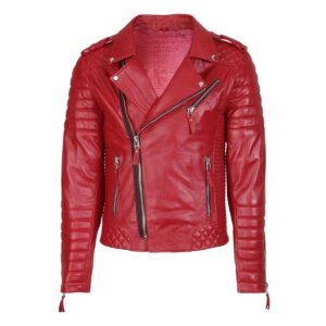 Men's Red Genuine Lambskin Leather Biker Jacket - Image 1