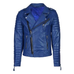 Men's Blue Genuine Lambskin Leather Biker Jacket - Image 1