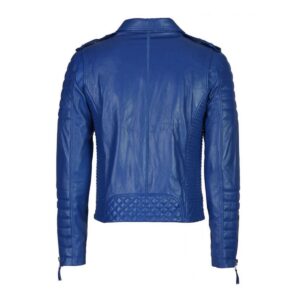 Men's Blue Genuine Lambskin Leather Biker Jacket - Image 2