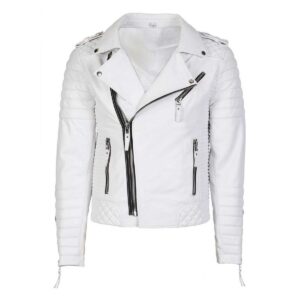 Men's White Genuine Lambskin Leather Biker Jacket - Image 1