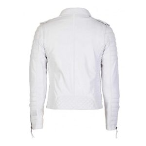 Men's White Genuine Lambskin Leather Biker Jacket - Image 2