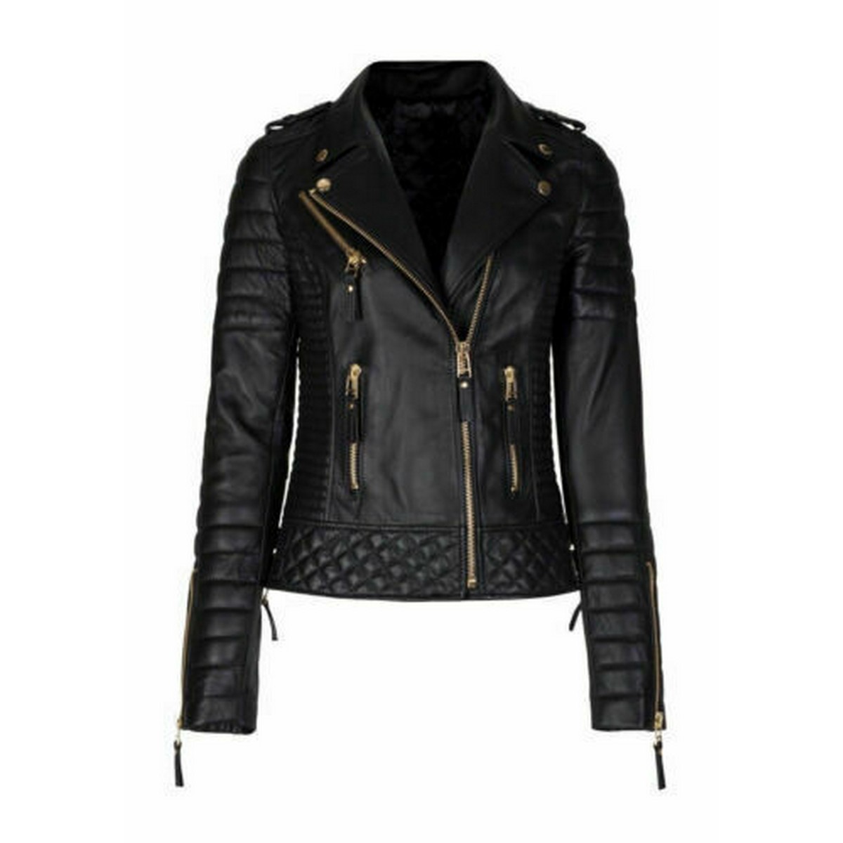 Womens Black Color Biker Golden Zipper Leather Jacket