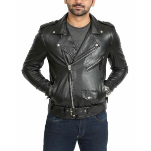 Men's Black Lambskin Genuine Leather Biker Motorcycle Cafe Racer Jacket - Image 2