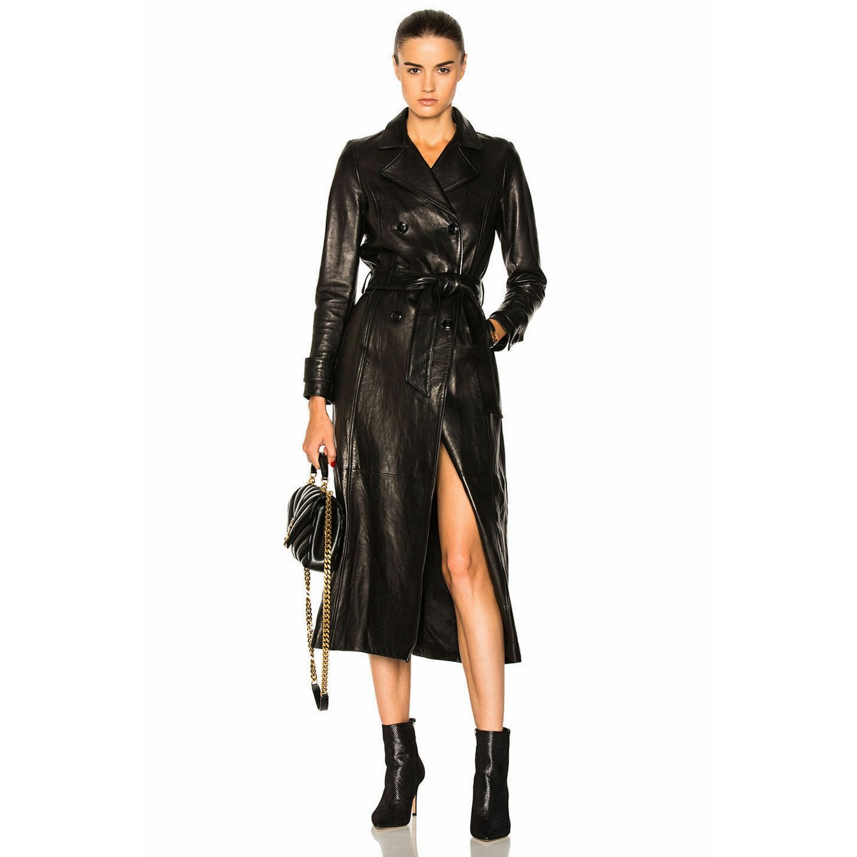 Black Leather Trench Coat for Women