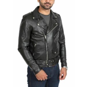 Men's Black Lambskin Genuine Leather Biker Motorcycle Cafe Racer Jacket - Image 3