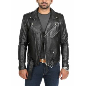 Men's Black Lambskin Genuine Leather Biker Motorcycle Cafe Racer Jacket - Image 1