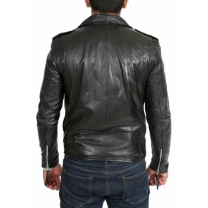 Men's Black Lambskin Genuine Leather Biker Motorcycle Cafe Racer Jacket - Image 4