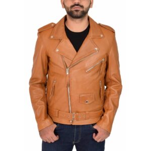 Men's Tan Lambskin Genuine Leather Biker Motorcycle Cafe Racer Jacket - Image 2