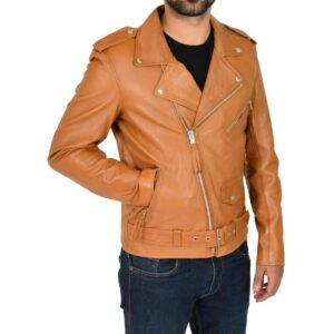 Men's Tan Lambskin Genuine Leather Biker Motorcycle Cafe Racer Jacket - Image 5