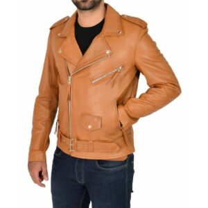 Men's Tan Lambskin Genuine Leather Biker Motorcycle Cafe Racer Jacket - Image 4