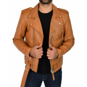 Men's Tan Lambskin Genuine Leather Biker Motorcycle Cafe Racer Jacket - Image 1