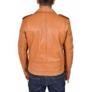 Men's Tan Lambskin Genuine Leather Biker Motorcycle Cafe Racer Jacket - Image 6