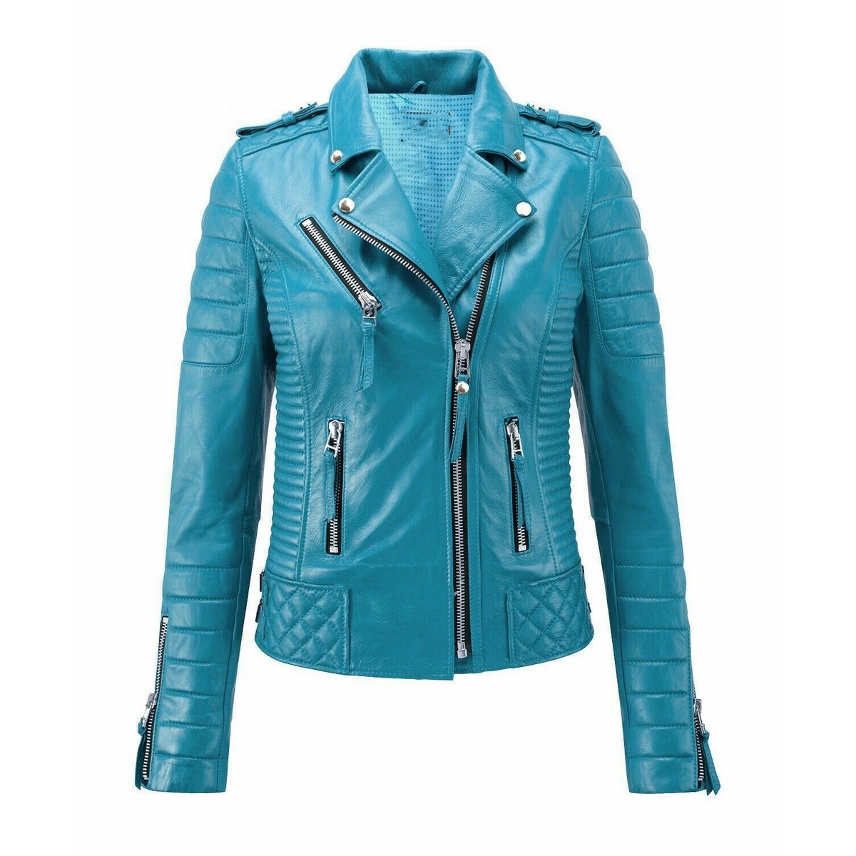 Womens Turquoise Blue Color Biker Leather Jacket