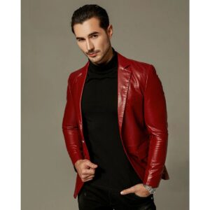 Authentic Luxury Men's Red Genuine Lambskin Leather 2 Button Coat Blazer - Image 2