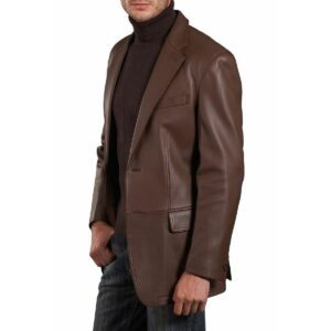 Authentic Luxury Men's Brown Genuine Lambskin Leather 2 Button Coat Blazer - Image 3