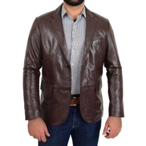 Men's Brown Leather Blazer 100% Pure Soft Sheepskin 2 Button Coat Blazer - Image 1