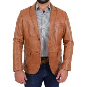 Men's Tan Leather Blazer 100% Pure Soft Sheepskin 2 Button Coat Blazer - Image 1