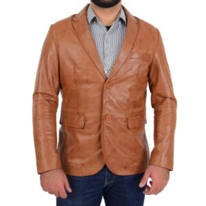 Men's Tan Leather Blazer 100% Pure Soft Sheepskin 2 Button Coat Blazer - Image 4