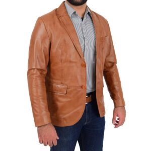 Men's Tan Leather Blazer 100% Pure Soft Sheepskin 2 Button Coat Blazer - Image 2